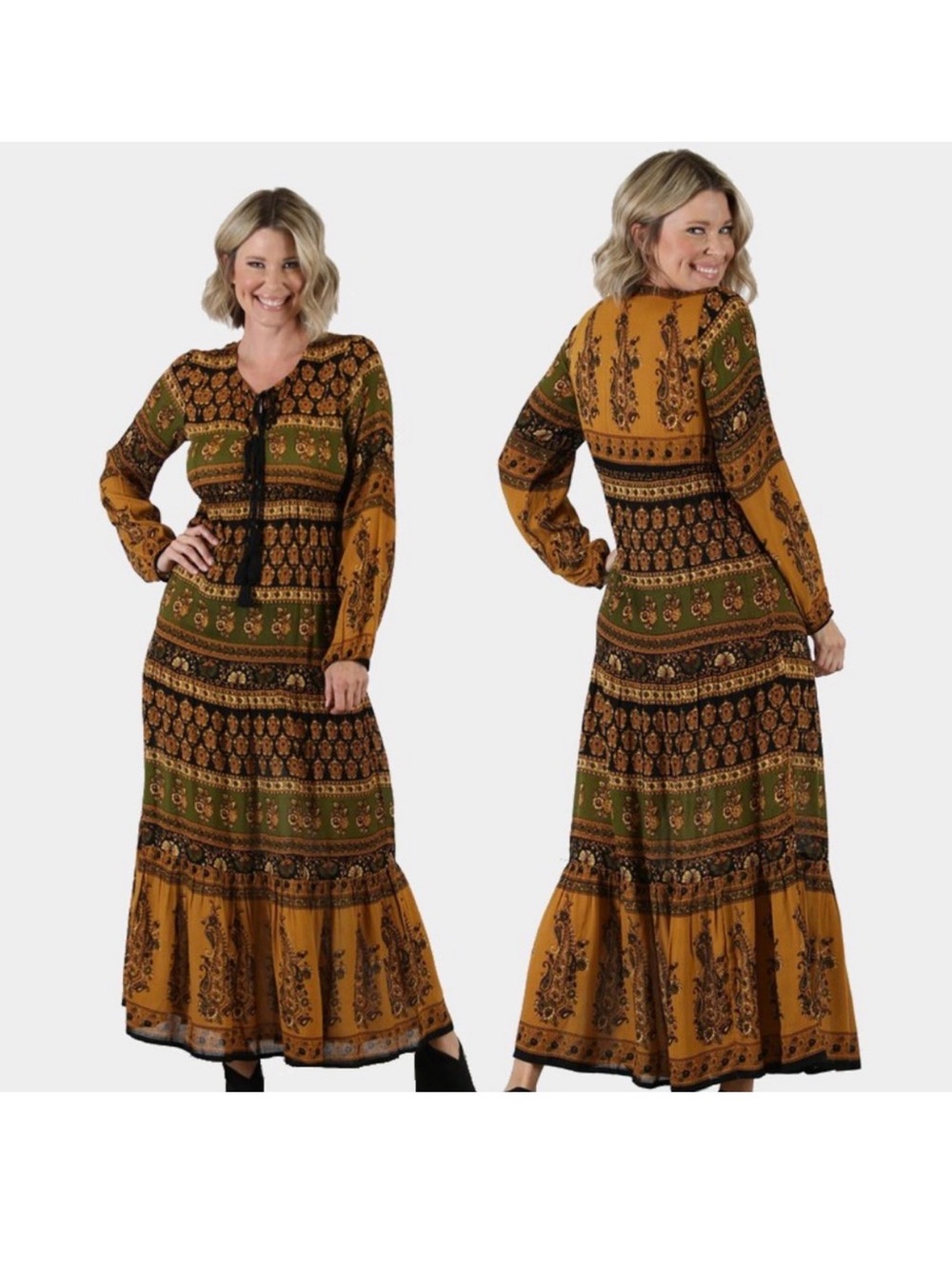 Nostalgia Mustard Olive Paisley Boho Tassel Maxi Dress XL